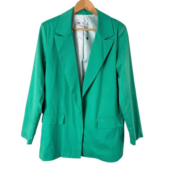 NEW Zara Green Long Blazer Jacket Open Front, Size‎ Medium - Picture 1 of 8